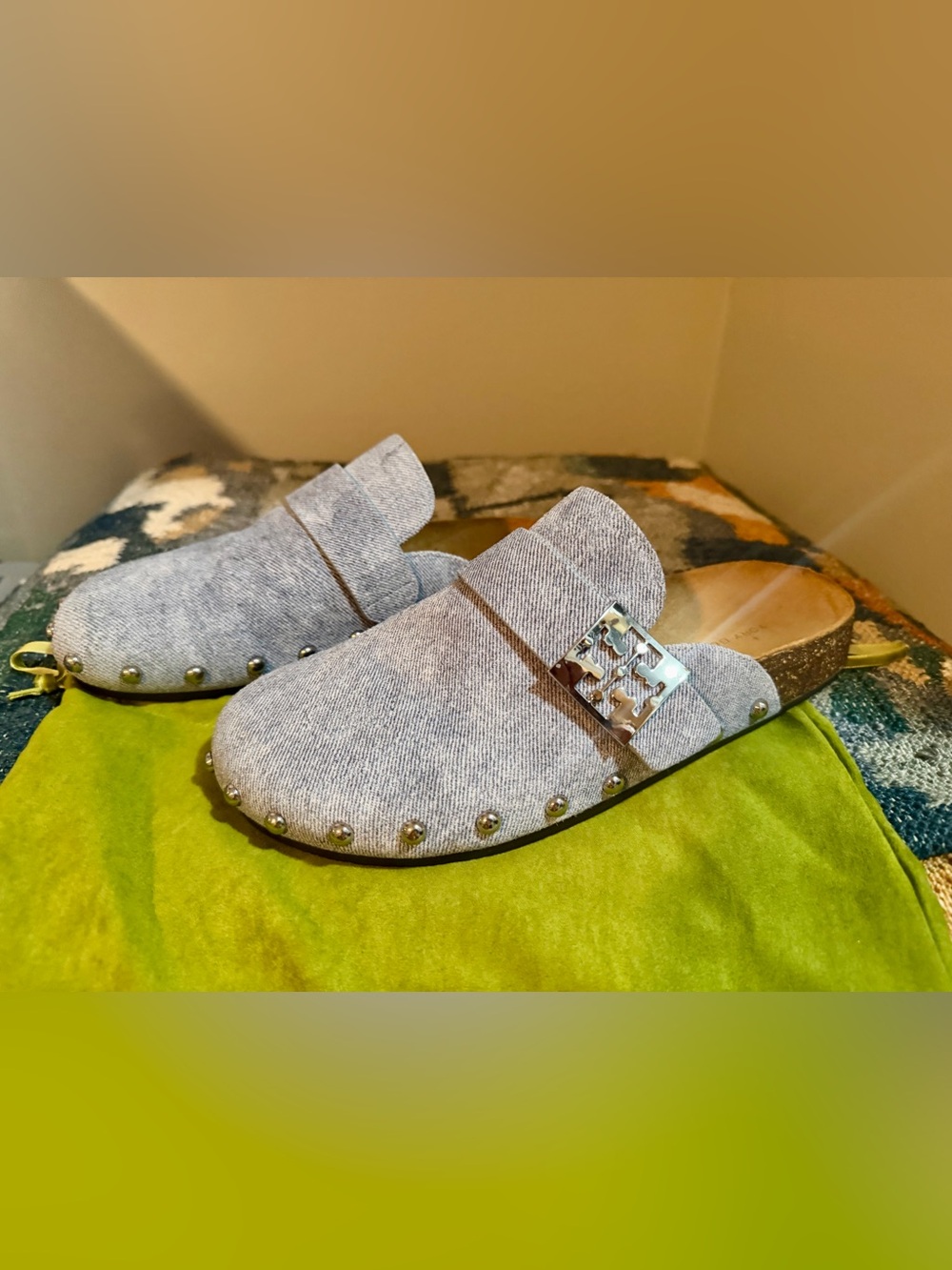 Tory Burch Mellow Denim Studded Mules Silver Buckle Sz 7.5